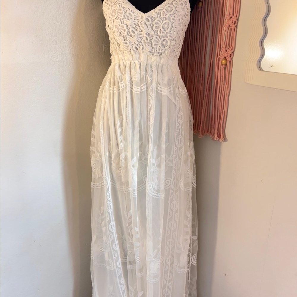 Ivory Lace Maxi Dress with Crochet Bodice SOLD